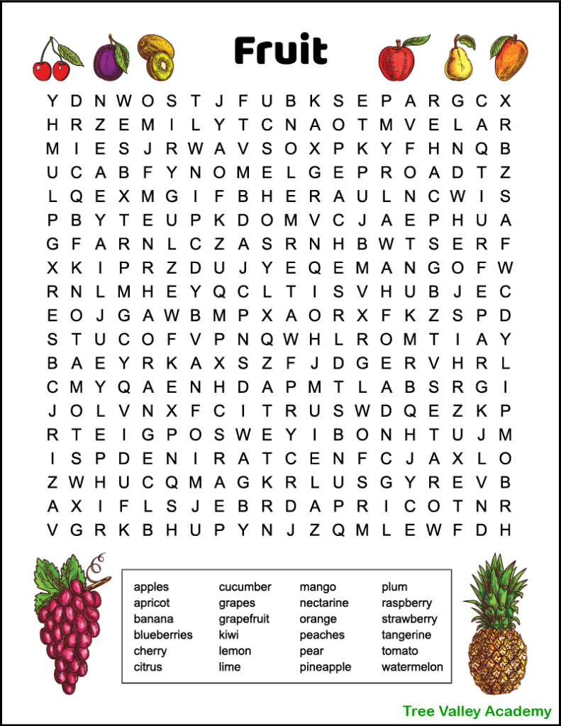 difficult fruit word search for kids - tree valley academy
